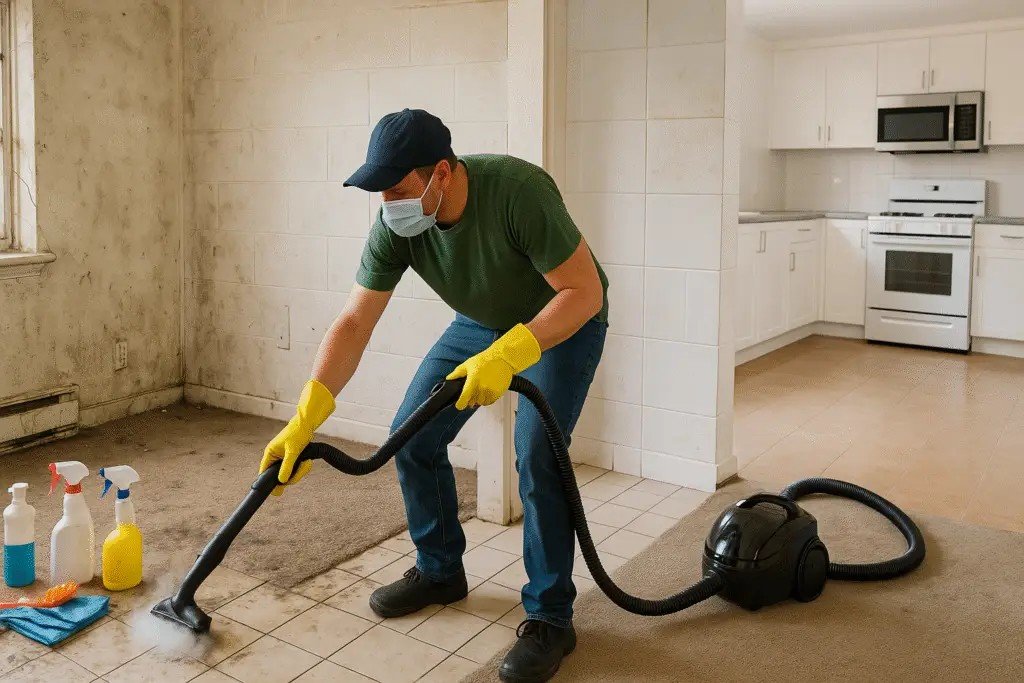 Grimy floor and mould covered wall before cleaning