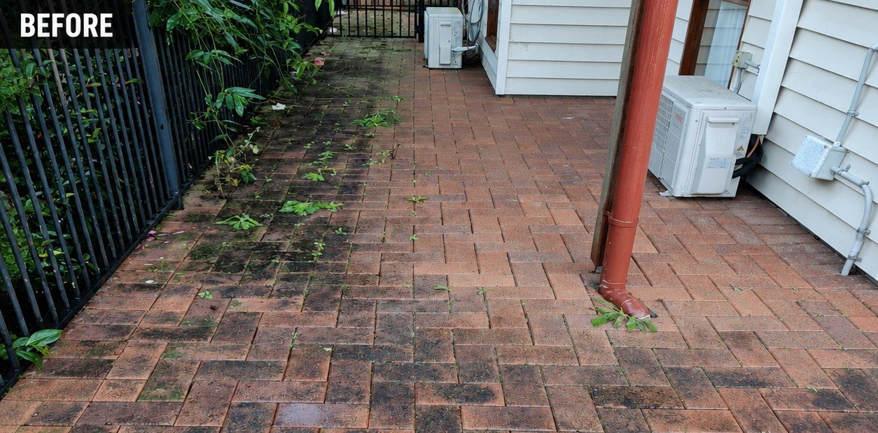 Moss and grime covered paver pathway before pressure washing